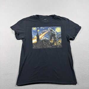 Godzilla Shirt Mens Medium Black Starry Night Kaiju Graphic Tee Movie Art